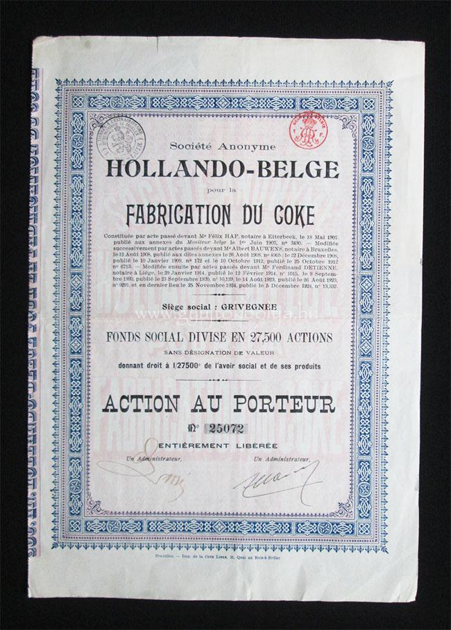 Holland-Belga koksz /szén/ gyár részvény 1924